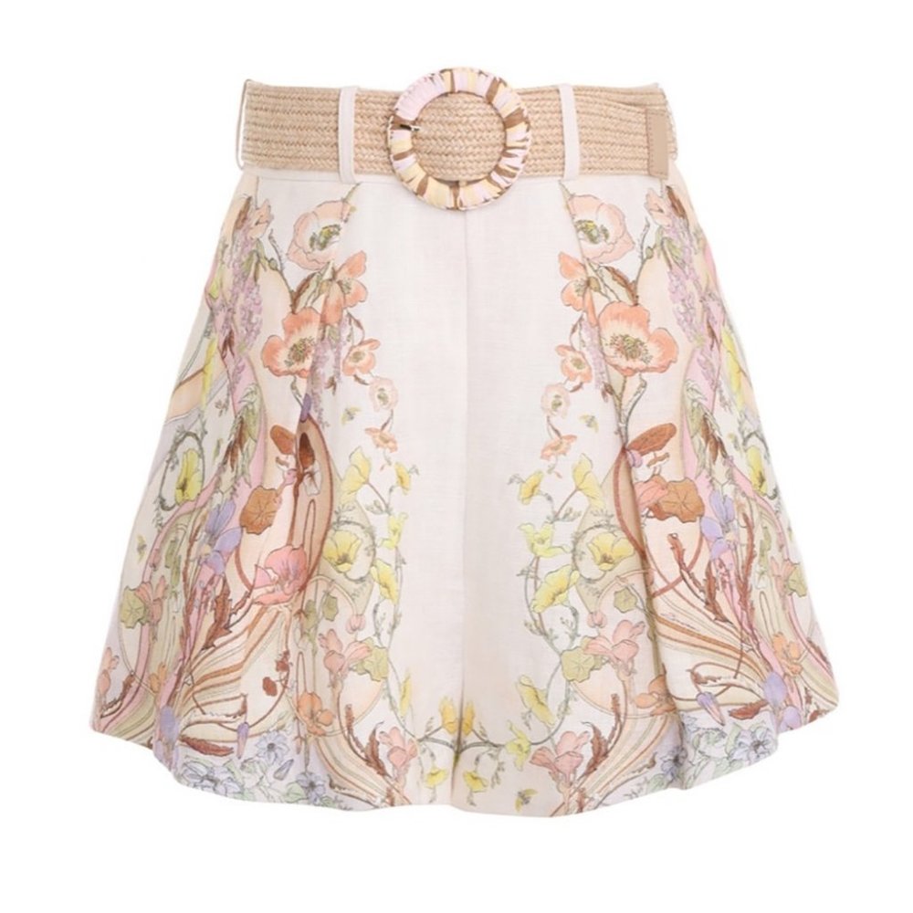 NWT Zimmermann Tuck Shorts Floral Swirl Print Linen Watercolor Beige Belted 0